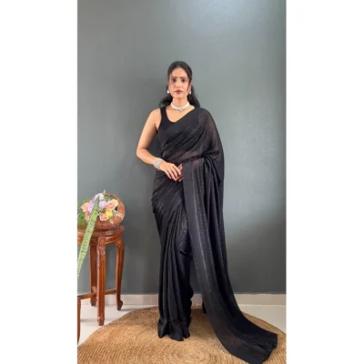 Women's Chiffon Solid Ready to wear Saree With Unstitched Women>Ethnic Wear>Blouse 5.5 Mtr (Black )