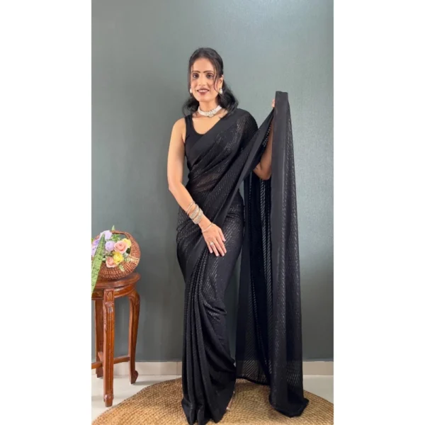 Women's Chiffon Solid Ready to wear Saree With Unstitched Women>Ethnic Wear>Blouse 5.5 Mtr (Black ) - Image 3