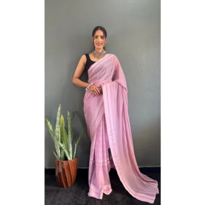 Women's Chiffon Striped Ready to wear Saree With Unstitched Women>Ethnic Wear>Blouse 5.5 Mtr (Pink)