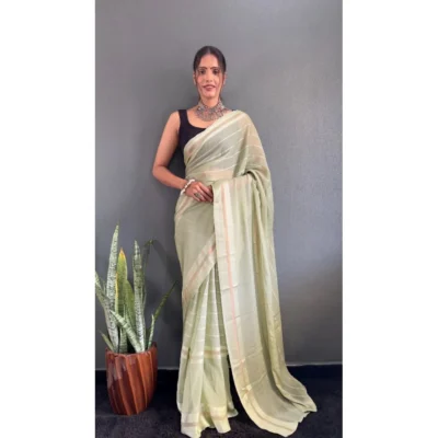 Women's Chiffon Striped Ready to wear Saree With Unstitched Women>Ethnic Wear>Blouse 5.5 Mtr (Pista )