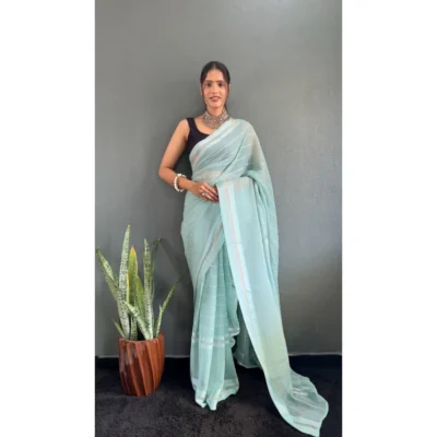 Women's Chiffon Striped Ready to wear Saree With Unstitched Women>Ethnic Wear>Blouse 5.5 Mtr (Sky)
