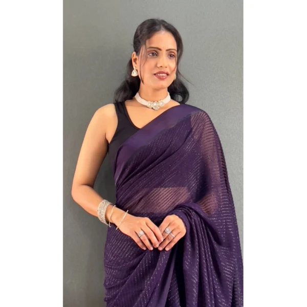 Women's Chiffon Solid Ready to wear Saree With Unstitched Women>Ethnic Wear>Blouse 5.5 Mtr (Purple) - Image 3
