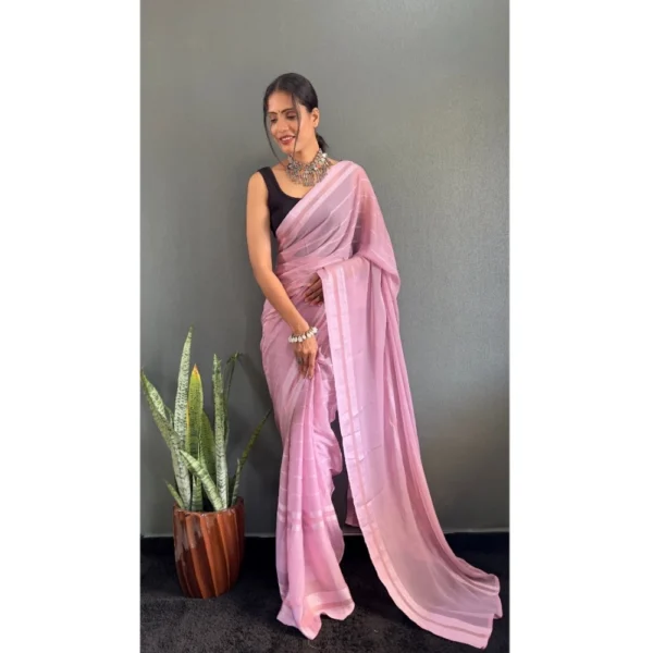 Women's Chiffon Striped Ready to wear Saree With Unstitched Women>Ethnic Wear>Blouse 5.5 Mtr (Pink) - Image 3