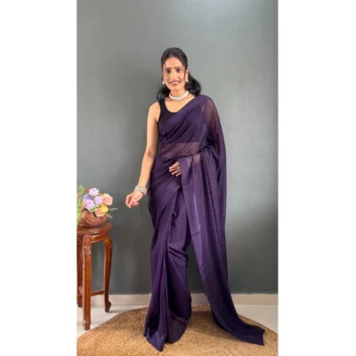 Women's Chiffon Solid Ready to wear Saree With Unstitched Women>Ethnic Wear>Blouse 5.5 Mtr (Purple)