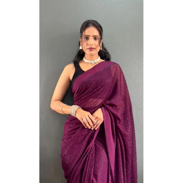 Women's Chiffon Solid Ready to wear Saree With Unstitched Women>Ethnic Wear>Blouse 5.5 Mtr (Wine ) - Image 3
