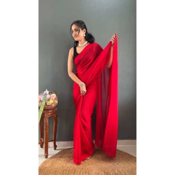 Women's Chiffon Solid Ready to wear Saree With Unstitched Women>Ethnic Wear>Blouse 5.5 Mtr (Red) - Image 2