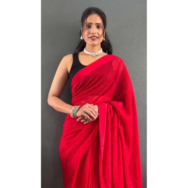 Women's Chiffon Solid Ready to wear Saree With Unstitched Women>Ethnic Wear>Blouse 5.5 Mtr (Red) - Image 3