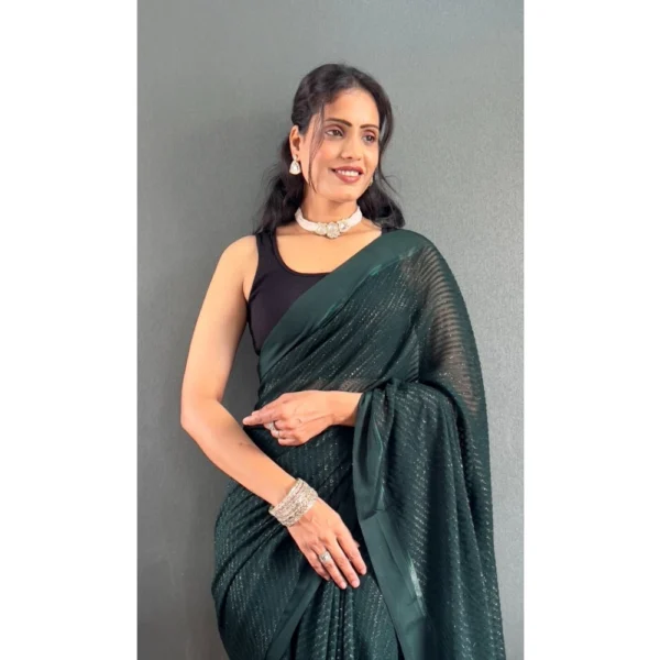 Women's Chiffon Solid Ready to wear Saree With Unstitched Women>Ethnic Wear>Blouse 5.5 Mtr (Green ) - Image 3