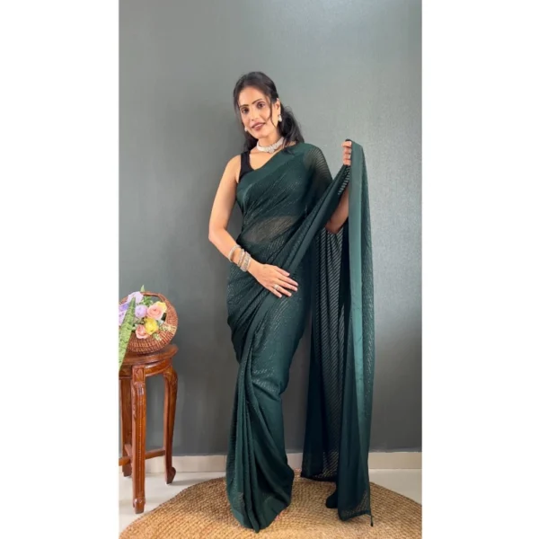 Women's Chiffon Solid Ready to wear Saree With Unstitched Women>Ethnic Wear>Blouse 5.5 Mtr (Green ) - Image 2