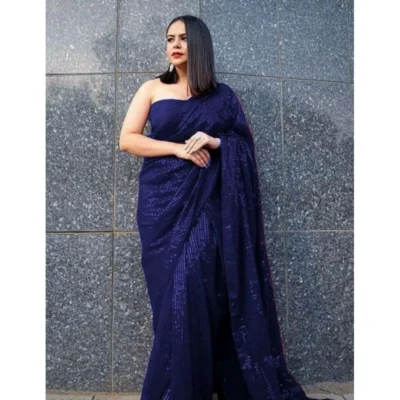 Women's Georgette Embellished Sequnece Bollywood Saree With Unstitched Women>Ethnic Wear>Blouse 5.5Mtr (Blue)