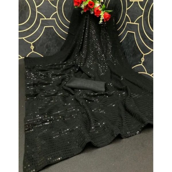 Women's Georgette Embellished Sequnece Bollywood Saree With Unstitched Women>Ethnic Wear>Blouse 5.5Mtr (Black) - Image 2