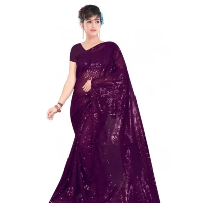 Women's Georgette Embellished Sequnece Bollywood Saree With Unstitched Women>Ethnic Wear>Blouse 5.5Mtr (Purple)