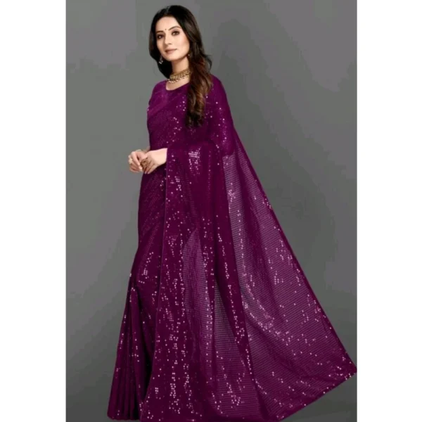 Women's Georgette Embellished Sequnece Bollywood Saree With Unstitched Blouse 5.5Mtr (Purple) - Image 2