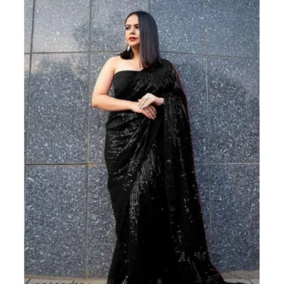 Women's Georgette Embellished Sequnece Bollywood Saree With Unstitched Women>Ethnic Wear>Blouse 5.5Mtr (Black)
