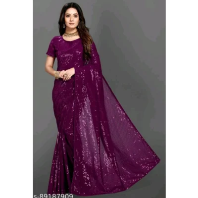 Women's Georgette Embellished Sequnece Bollywood Saree With Unstitched Women>Ethnic Wear>Blouse 5.5Mtr (Purple)