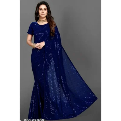 Women's Georgette Embellished Sequnece Bollywood Saree With Unstitched Women>Ethnic Wear>Blouse 5.5Mtr (Blue)