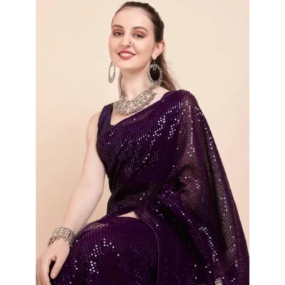 Women's Georgette Embellished Sequnece Bollywood Saree With Unstitched Women>Ethnic Wear>Blouse 5.5Mtr (Purple)