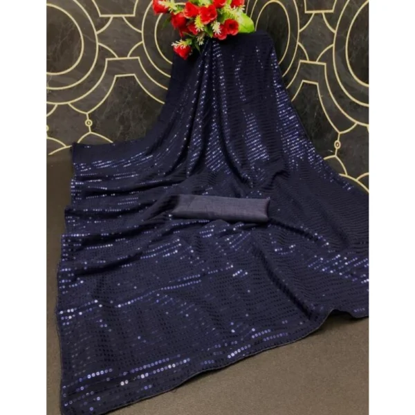 Women's Georgette Embellished Sequnece Bollywood Saree With Unstitched Women>Ethnic Wear>Blouse 5.5Mtr (Blue) - Image 2