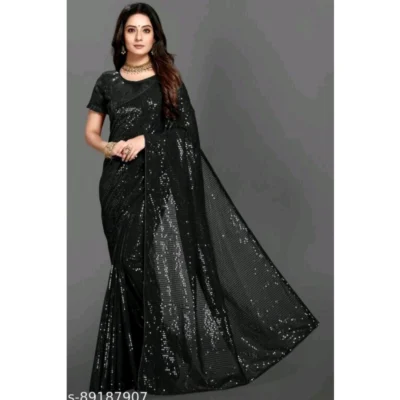 Women's Georgette Embellished Sequnece Bollywood Saree With Unstitched Women>Ethnic Wear>Blouse 5.5Mtr (Black)