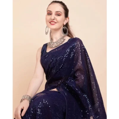 Women's Georgette Embellished Sequnece Bollywood Saree With Unstitched Women>Ethnic Wear>Blouse 5.5Mtr (Blue)