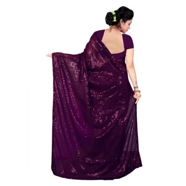Women's Georgette Embellished Sequnece Bollywood Saree With Unstitched Women>Ethnic Wear>Blouse 5.5Mtr (Purple) - Image 2
