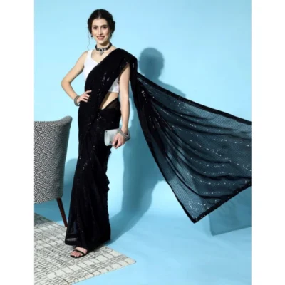 Women's Georgette Embellished Sequnece Bollywood Saree With Unstitched Women>Ethnic Wear>Blouse 5.5Mtr (Black)