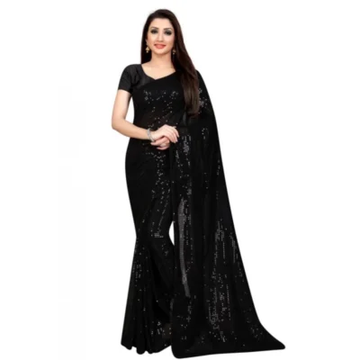 Women's Georgette Embellished Sequnece Bollywood Saree With Unstitched Women>Ethnic Wear>Blouse 5.5Mtr (Black)