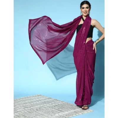 Women's Georgette Embellished Sequnece Bollywood Saree With Unstitched Women>Ethnic Wear>Blouse 5.5Mtr (Wine)