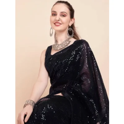 Women's Georgette Embellished Sequnece Bollywood Saree With Unstitched Women>Ethnic Wear>Blouse 5.5Mtr (Black)