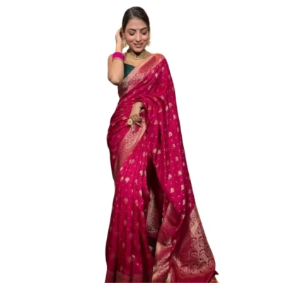Women's Silk Printed Saree With Unstitched Blouse 5.5Mtr (Rani Pink)