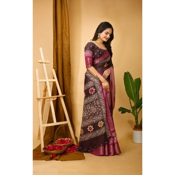 Generic Women's Soft Blooming Marshmallow Fabric Kalamkari Printed Saree With Unstitched Blouse 5.5Mtr (Maroon) - Image 2