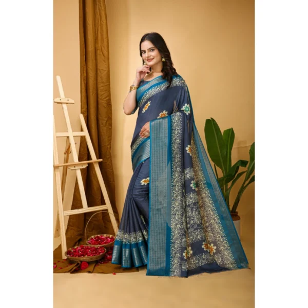 Generic Women's Soft Blooming Marshmallow Fabric Kalamkari Printed Saree With Unstitched Blouse 5.5Mtr (Grey) - Image 4