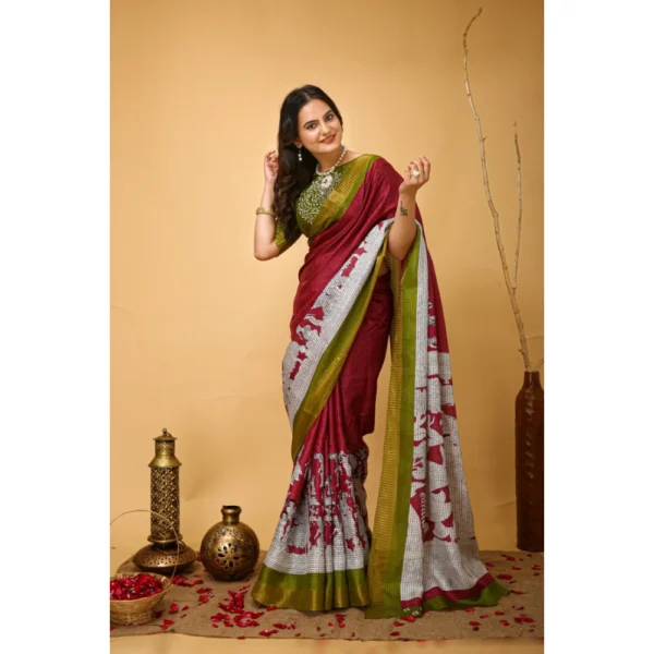 Women's Soft Handloom Cotton Kalamkari Printed Saree With Unstitched Blouse 5.5Mtr (Maroon) - Image 2