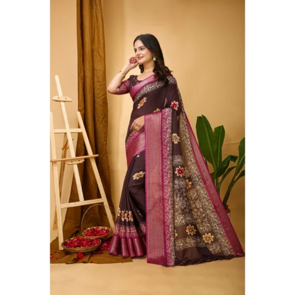 Generic Women's Soft Blooming Marshmallow Fabric Kalamkari Printed Saree With Unstitched Blouse 5.5Mtr (Maroon) - Image 4