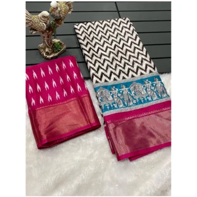 Women's Soft Dola Cotton Kalamkari Printed Saree With Unstitched Women>Ethnic Wear>Blouse 5.5Mtr (Pink)