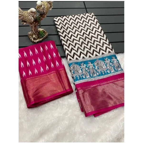 Women's Soft Dola Cotton Kalamkari Printed Saree With Unstitched Women>Ethnic Wear>Blouse 5.5Mtr (Pink)
