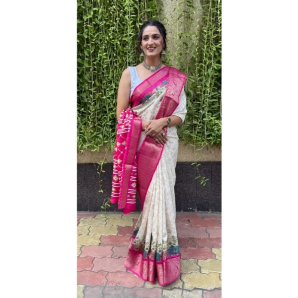 Women's Soft Dola Cotton Kalamkari Printed Saree With Unstitched Blouse 5.5Mtr (White) - Image 3