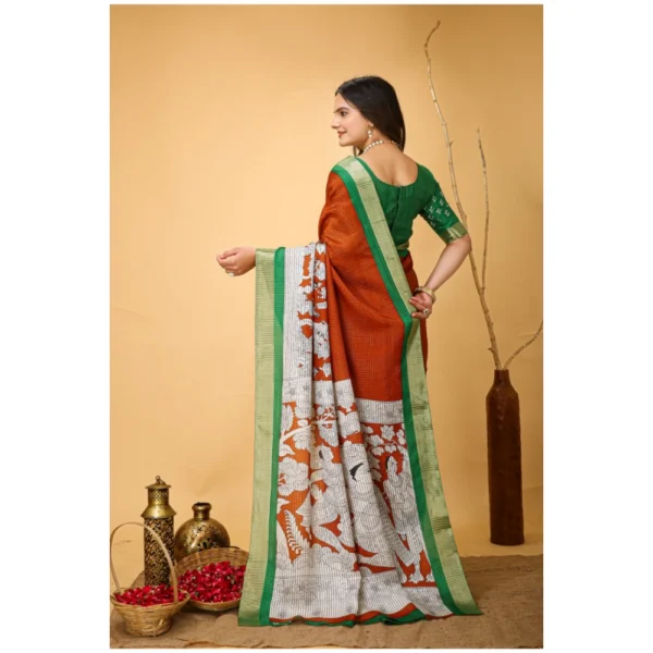 Generic Women's Soft Handloom Cotton Kalamkari Printed Saree With Unstitched Blouse 5.5Mtr (Orange) - Image 3