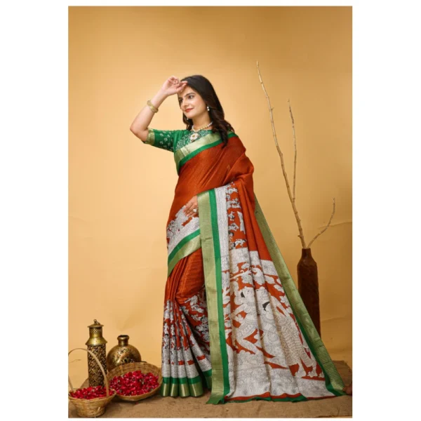 Generic Women's Soft Handloom Cotton Kalamkari Printed Saree With Unstitched Blouse 5.5Mtr (Orange) - Image 4