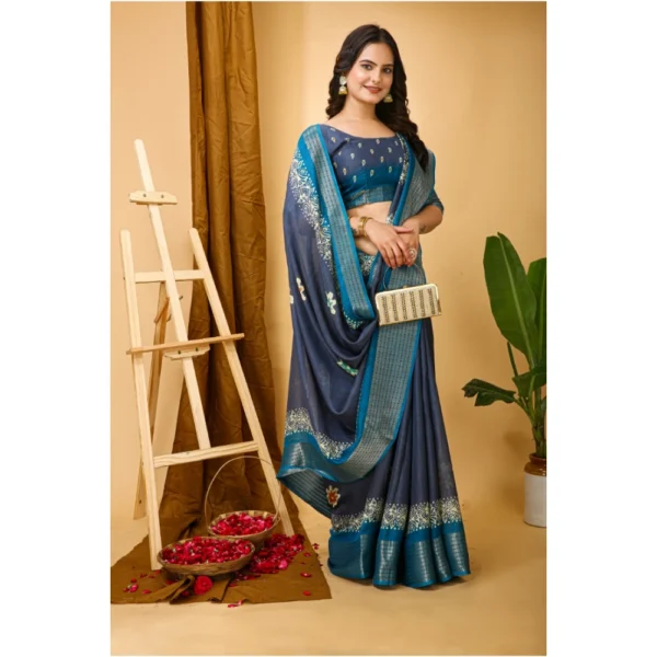 Generic Women's Soft Blooming Marshmallow Fabric Kalamkari Printed Saree With Unstitched Blouse 5.5Mtr (Grey) - Image 2