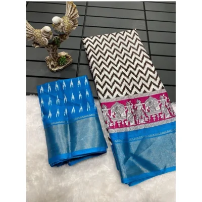 Women's Soft Dola Cotton Kalamkari Printed Saree With Unstitched Women>Ethnic Wear>Blouse 5.5Mtr (Sky Blue)