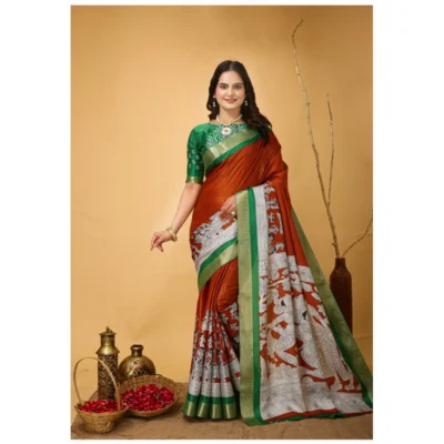 Generic Women's Soft Handloom Cotton Kalamkari Printed Saree With Unstitched Blouse 5.5Mtr (Orange)
