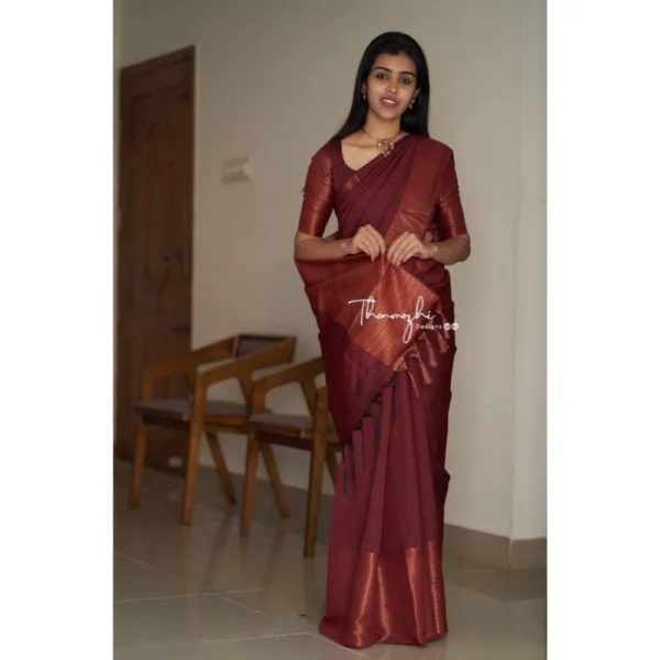 Generic Women's Soft Lichi Silk Solid Saree With Unstitched Blouse 5.5Mtr (Maroon) - Image 3