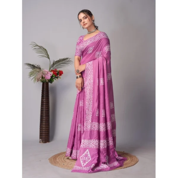 Women's Chanderi Cotton Batik Printed Saree With Unstitched Blouse 5.5Mtr (Purple) - Image 2