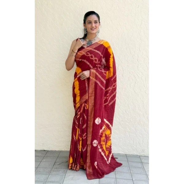 Women's Cotton Shibori Printed Saree With Unstitched Blouse 5.5Mtr (Red) - Image 4