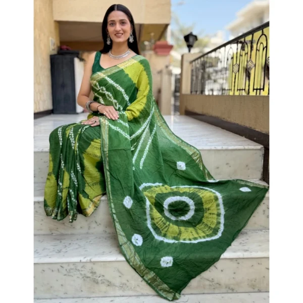 Women's Cotton Shibori Printed Saree With Unstitched Blouse 5.5Mtr (Green) - Image 3
