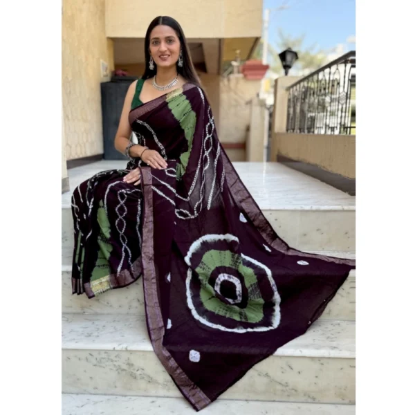 Women's Cotton Shibori Printed Saree With Unstitched Blouse 5.5Mtr (Coffee) - Image 3