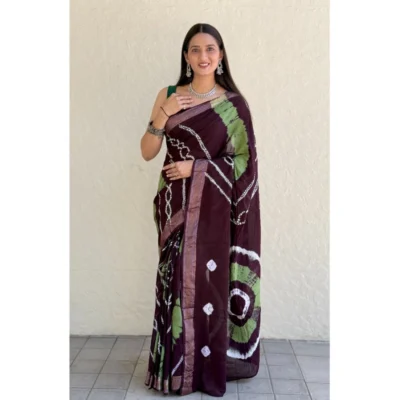 Women's Cotton Shibori Printed Saree With Unstitched Blouse 5.5Mtr (Coffee)