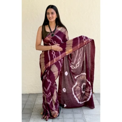 Women's Cotton Shibori Printed Saree With Unstitched Blouse 5.5Mtr (Wine)