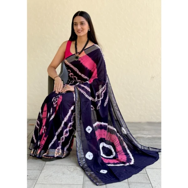 Women's Cotton Shibori Printed Saree With Unstitched Blouse 5.5Mtr (Blue) - Image 3